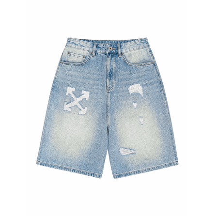 OFF-WHITE SS26 High Street Distressed Ripped Personalized Trendy Fashion Versatile Casual Loose Light Luxury Denim Shorts Men's Gift Box