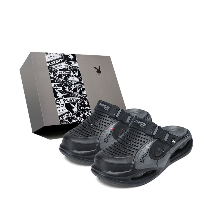 Playboy Minimalist Trendy Casual Versatile Hollow Breathable Lightweight Comfortable Soft Sole Beach Summer Cool Lazy Closed-Toe Slippers Two-Way Wear Creek Outdoor Sports Non-Slip Wear-Resistant Clogs Men's Gift Box Edition