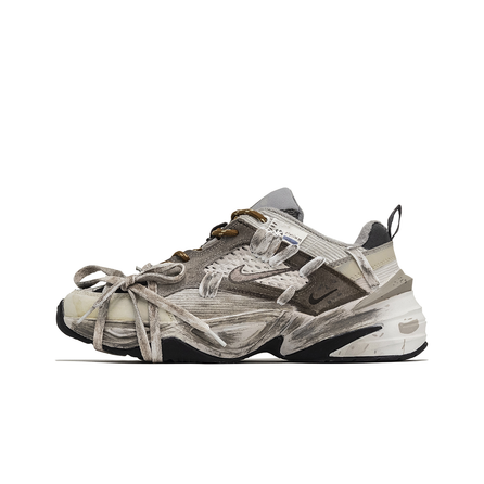 Custom Sneakers: Nike M2K Tekno 'Morning Sandstorm' Hand-Painted Graffiti Distressed Modern Cushioned Low-Top Dad Shoes Unisex Brown Grey