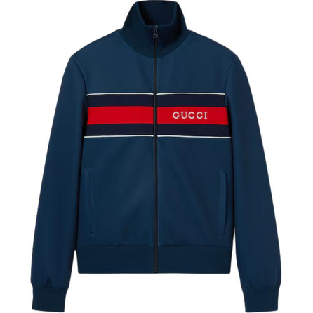 GUCCI High Neck Zip-Up Logo Embroidered Jacket Men's Navy Blue