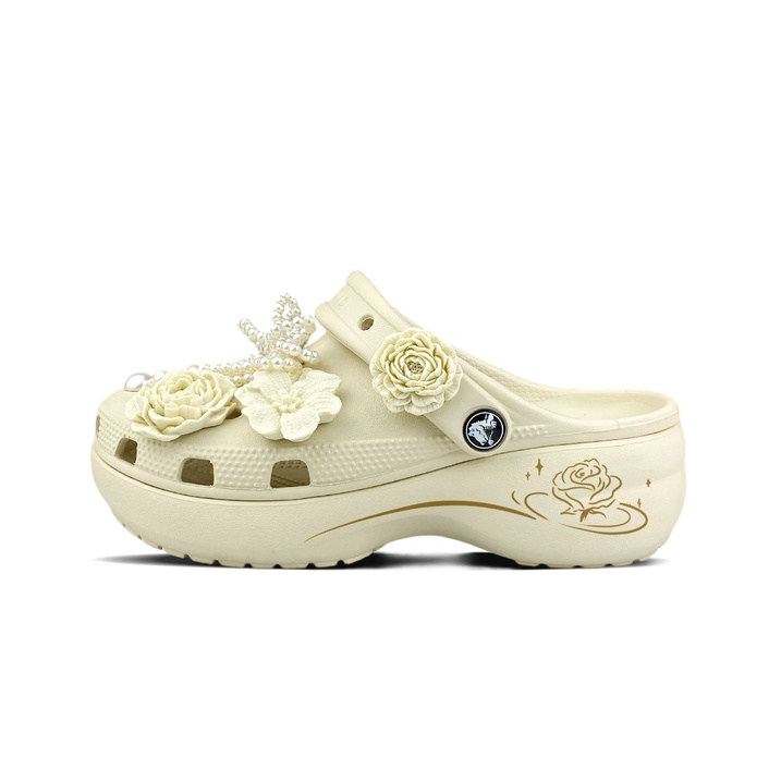 [Custom Shoes] Crocs Classic Platform Clog BNK Etched Gold Rose EVA Natural Fresh Retro Elegant Versatile Casual Beach Slip-On Platform Clogs Unisex