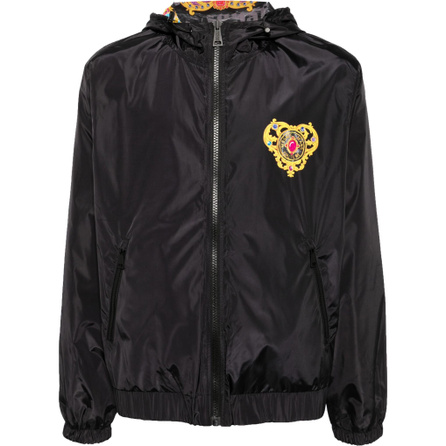 VERSACE JEANS COUTURE Reversible Letter Logo Pattern All-Over Print Hooded Loose Long Sleeve Jacket Coat Men's Black