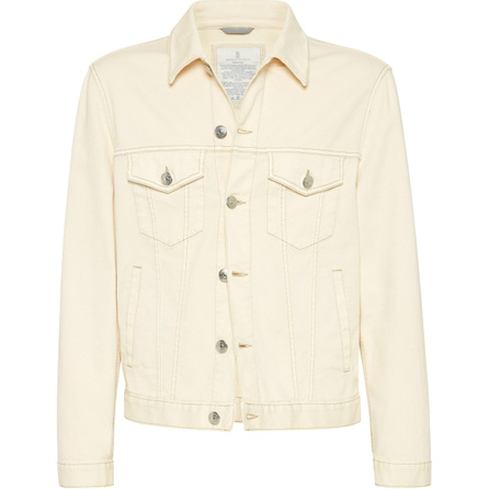 Brunello Cucinelli FW24 Single-Breasted Pocket Solid Color Long Sleeve Denim Jacket Men's Cream White