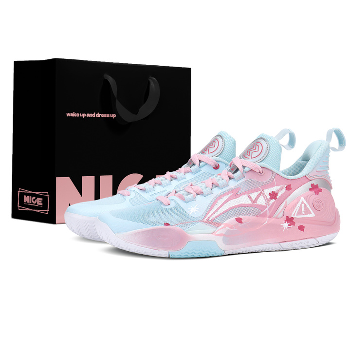 Custom SneakersLiNing Flash 9 Gift Bag Edition Blue Pink Cherry Blossom Gradient Romantic Atmosphere Cushioning Wear-Resistant Anti-Slip Low-Top Basketball Shoes Men's Pink Blue