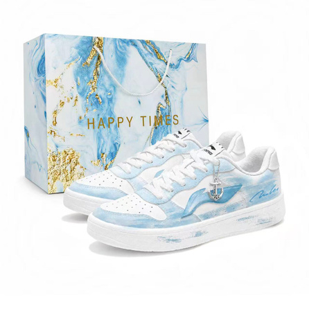 [Custom Sneakers] Li-Ning Fu Zhou Blue Sea Cruise Gift Bag Edition Summer Breathable Trendy Versatile Boyfriend Couple Premium Fashion Hand-Painted Preppy Style Squeaking Wear-Resistant Non-Slip Low-Top Skate Shoes Men's Blue