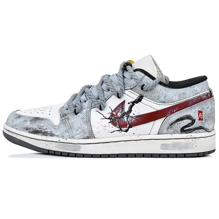 [Custom Sneakers] Jordan Air Jordan 1 Cloud Ink Plum Blossom Horse Year Ink Wash Chinese Style Plum Blossom Distressed Graffiti Slip-Resistant Wear-Resistant Low-Top Retro Basketball Shoes Men's Gray White