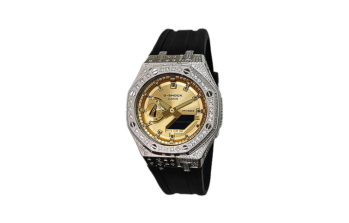 Custom Watch CASIO G-Shock 'CasiOak' Mod Diamond Silver Stainless Steel Case 200M Water Resistant GA-2100GB-1A Mod Quartz Men's Gold Dial