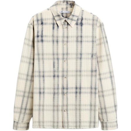 ZARA Loose Plaid Washed Button-Down Long Sleeve Shirt Men's Tan