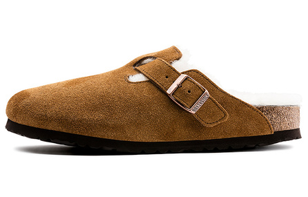 Birkenstock Boston Shearling Series Cowhide Suede Comfortable Closed-Toe Fuzzy Slippers Brown Regular