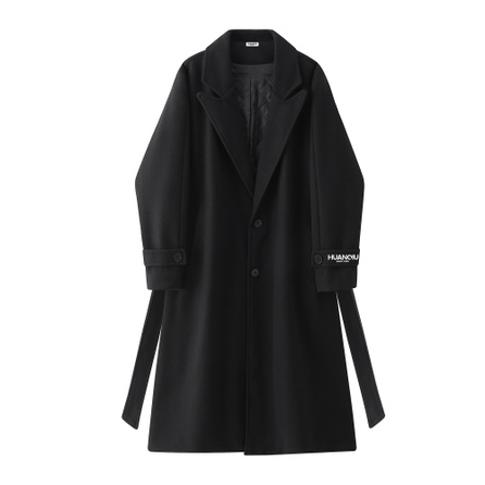 HUANQIU American Retro Solid Color Classic Versatile Belt Lazy Style Creative 3D Logo Print Design Knee-Length Mid-Long Waist-Cinching Commuter Padded Thickened Coat Streetwear Overcoat Unisex