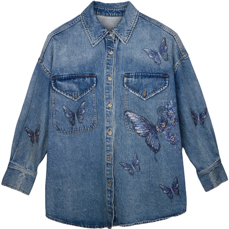 TCH American Retro Mid-Length Casual Loose Rhinestone Turn-Down Collar Denim Jacket Unisex Denim Blue