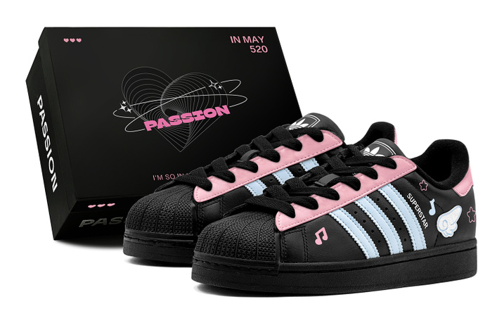 [Custom Sneakers] adidas Originals Superstar 2 Couple Romantic Gift Pink Sound Star Wings Girly Style Graffiti Contrast Color Retro Fashion Special Gift Box Low Top Skate Shoes Unisex Blue Pink