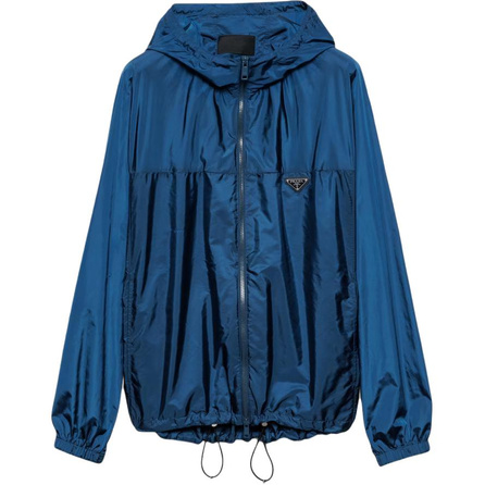 PRADA SS24 Logo Patch Relaxed Hooded Bomber Jacket Men's Blue