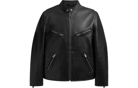 COACH RACER Solid Round-Neck Zipper Long-Sleeve Leather Jacket Men's Black