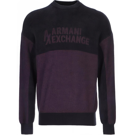 ARMANI EXCHANGE Letter Color Block Round Neck Loose Fit Long Sleeve Knit Sweater Men's Black
