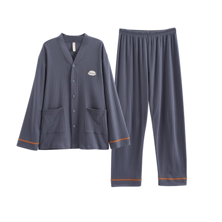 FENTENG Pajamas Men's Spring Autumn Pure Cotton Long Sleeve Men's Casual Big Size Autumn Homewear Set Men's Gentleman Blue Charcoal Gray