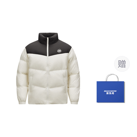 Skechers Windproof Waterproof Stain Resistant Warm Cold Resistant Duck Down Color Block Patchwork Woven Stand Collar Sport Outdoor Down Jacket Unisex Marshmallow White