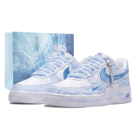 [Custom Sneakers] Nike Air Force 1 Misty Sea Flow Blue Special Gift Bag Summer Sea Breeze Light Blue Versatile Handmade Gradient Refreshing Premium Gradient Wear-Resistant Anti-Slip Low-Top Skate Shoes Unisex Blue White