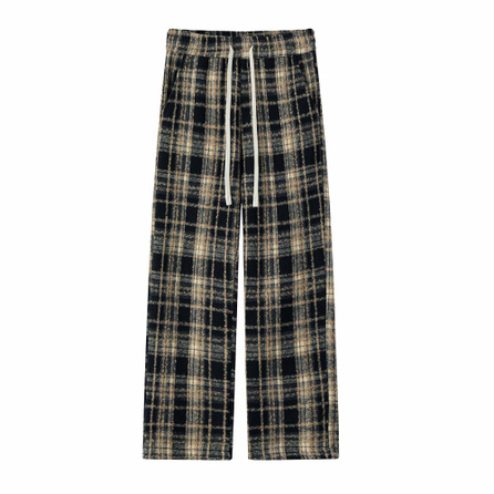 The Simpsons American High Street Small Logo Elastic Drawstring Waist Plaid Textured Fabric Genderless Wide Straight Leg Side Seam Drapey Vintage Vibe Commute Casual Pants Unisex
