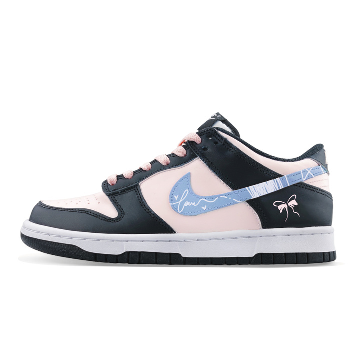 [Custom Sneakers] Nike Dunk Lace Promise Dopamine Colorway Fresh Leather Commute Versatile Student Campus Artistic Anti-Slip Shock-Absorbing Impact-Resistant Breathable Low-Top Skate Shoes Unisex Blue-Pink