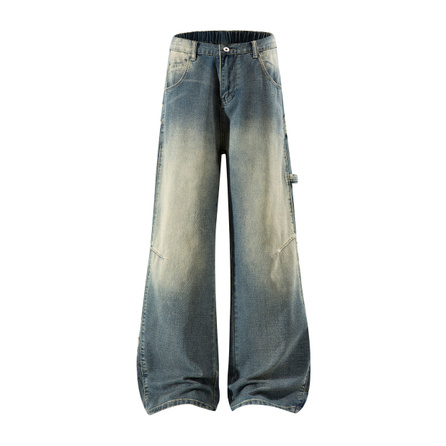 SESAME STREET American Cleanfit Streetwear Vintage Side Frayed Distressed Deconstructed Gradient Washed Loose Wide-Leg High Street Relaxed Floor-Length Height-Enhancing Leg-Shaping Pants Wasteland Workwear Premium Basic Jeans Men's