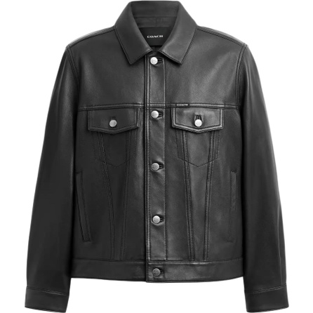 COACH FW26 Solid Color Lapel Long Sleeve Trucker Leather Jacket Men's