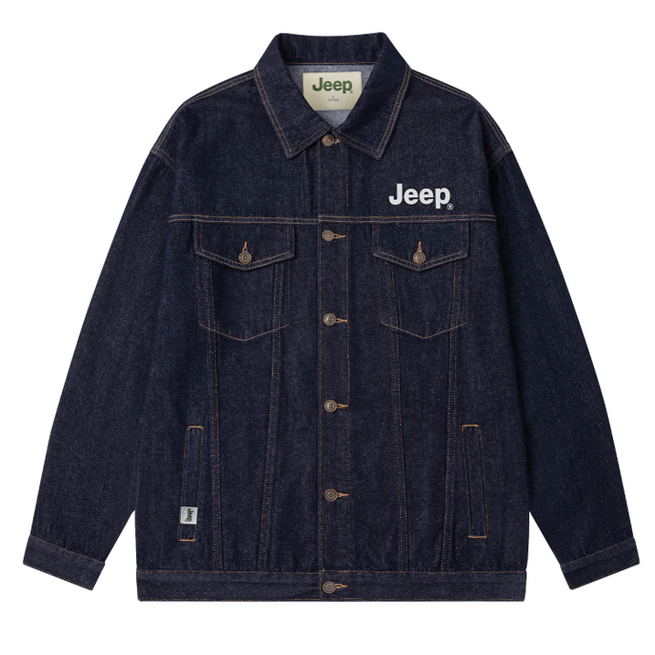 Jeep Trendy Brand Retro Logo Print Heat Transfer American Wide Silhouette Patchwork Stitching Raw Color Versatile Casual Denim Jacket Unisex