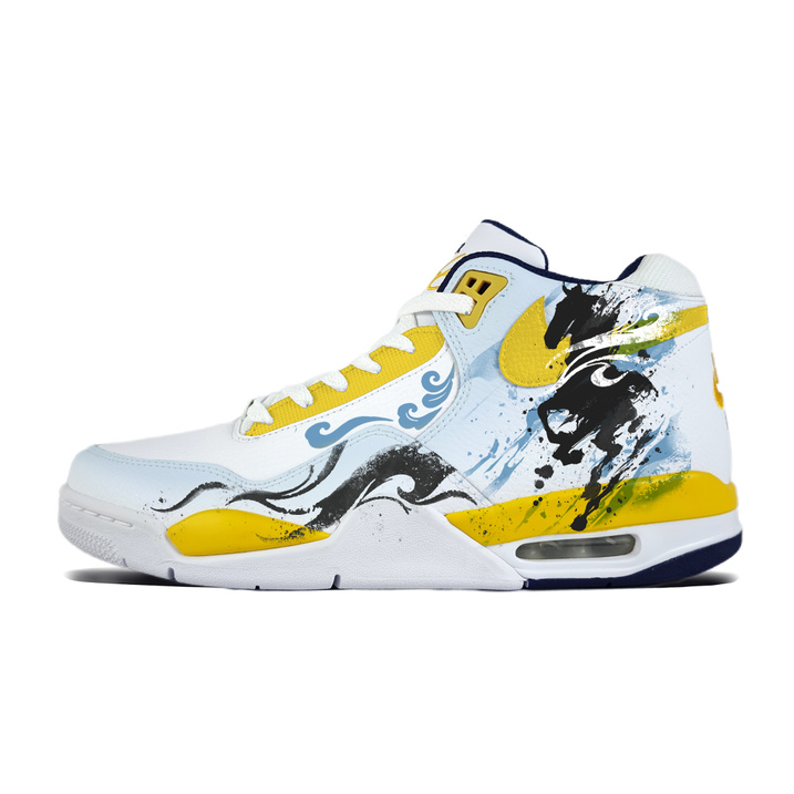 [Custom Sneakers] Nike Flight Legacy Ink Horse Blue Street Style Student Niche Hand-Painted Graffiti Retro Trendy Wrapping Wear-Resistant Anti-Slip Mid-Top Basketball Shoes Men's White/Yellow