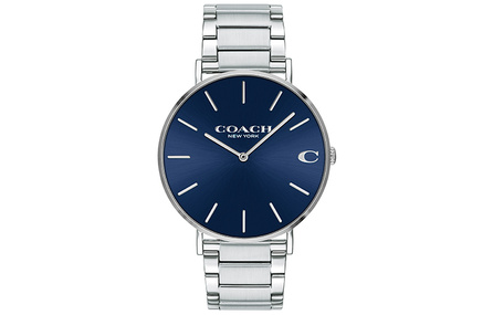 COACH CHARLES Series Watch Quartz Movement Stainless Steel Strap Blue Dial Men's Watch Classic C Logo Link Bracelet