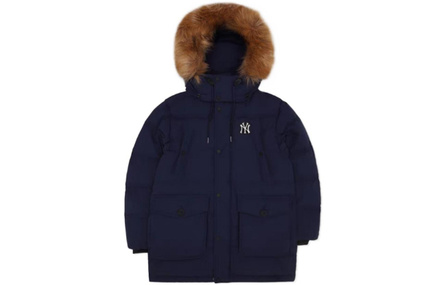 MLB New York Yankees Solid Logo Loose Fox Fur Collar Goose Down Hooded Puffer Coat Unisex Navy Blue
