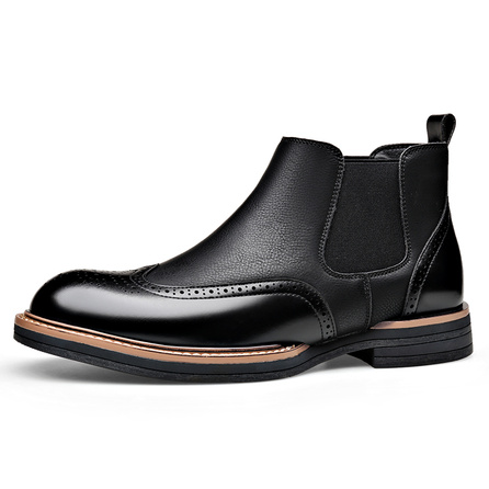 XIAOTOULANG Split Leather Simple Casual British Style Fashion Trendy Brogue Short-Cut Chelsea Boots Men's Black