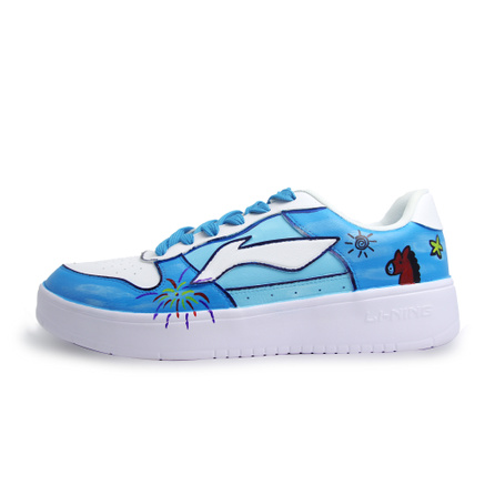 LiNing Fuzhou Synthetic Leather Hand-Painted Graffiti Lightweight Breathable Low-Top Skateboarding Shoes Men's Blue