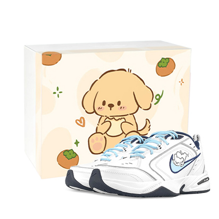 [Custom Sneakers] Nike Air Monarch 4 White Navy GGMZ Lines Gift Box Running Dog Retro Escape Diary Low-Top Dad Shoes Men's White Blue