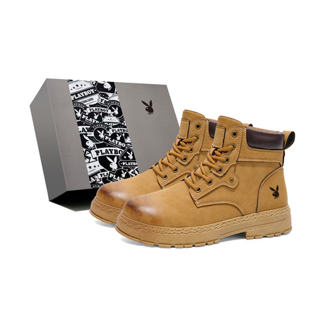 Playboy Heavy-Duty Functional American Vintage Outdoor Workwear Combat Boots Versatile Comfortable Trendy Fashion Classic British Style Daily Commute Heightening Thick Sole Hiking Sports Climbing Anti-Slip Wear-Resistant Mid-Top Martin Boots Men's Gift Bo