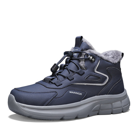 Warrior Warm Wrap-Fit Wear-Resistant Slip-Resistant Fleece-Lined Outdoor Walking Comfortable Soft Sole Winter Combat Boots Daily Commute Versatile Fashion Elderly Drawstring Ankle Snow Boots Men's Dark Blue