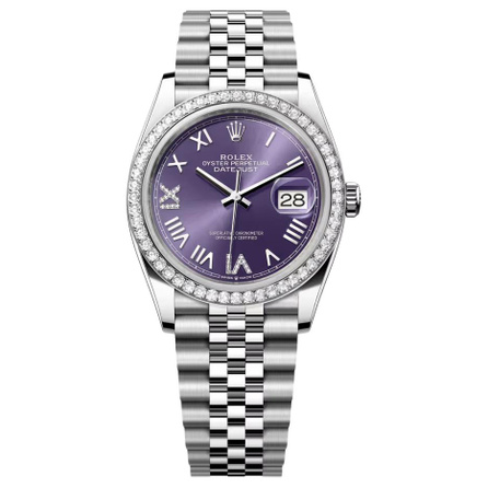 ROLEX Diamond Bezel Diamond Style Datejust Series Automatic Mechanical Movement 100m Waterproof Date Display Unisex Swiss Watch 36mm Purple Dial Oystersteel 18ct White Gold Bracelet