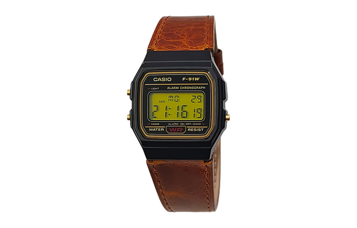 [Custom Watch] CASIO Modified Series Black Resin Case Retro Square Watch Daily Water Resistant F-91WG-9 Modified-1985 Turbo Quartz Movement Genuine Leather Strap Japanese Korean Watch Unisex Black Dial