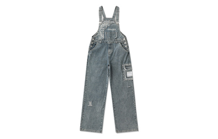 LAMLICKA Paisley Print Patchwork Washed Ripped Loose Overalls Jeans Blue