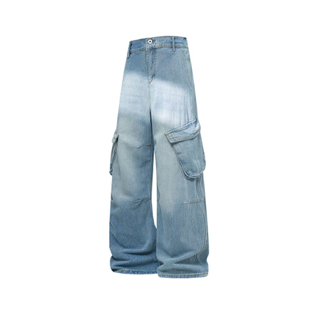 SESAME STREET American Retro Wide Edition Cargo Bamboo Texture With 3D Large Capacity Side Pockets Back Waist Elastic Structure Adjustment Overall Multiple Gradient Wash Treatment Paneled Cut Youthful Jeans Men's