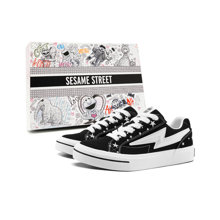 SESAME STREET Retro Trendy Fashion Suede Print Lightning Storm Street Hip-Hop Versatile Campus Style Rubber Platform Height-Enhancing Comfortable Outdoor Sports Running Canvas Couple Skateboard Gift Box Edition Skate Shoes Unisex