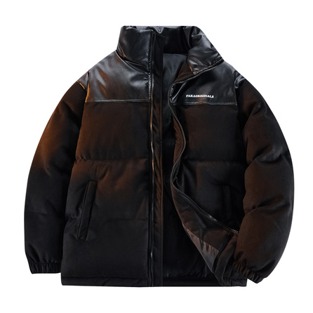 PAKA Minimalist Basic PU Leather Paneled Suede Velvet Padded Jacket Letter Logo Print Stand Collar Thickened Warm Cold-Proof Loose Puffer Jacket