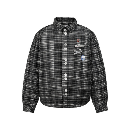 C2H4 Tactile Layered Texture Loose Lapel Drop Shoulder Cotton Jacket Men's Grey White Check