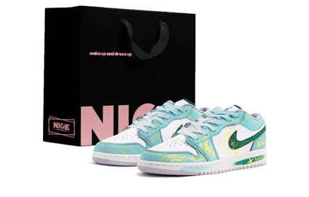 Custom Sneakers Jordan Air Jordan 1 'Spring Mist Forest' Leather Gift Bag Edition Ink Painting Artistic Fashion Anti-Slip Cushioned Wear-Resistant Low-Top Kids Basketball Shoes Cyan Unisex