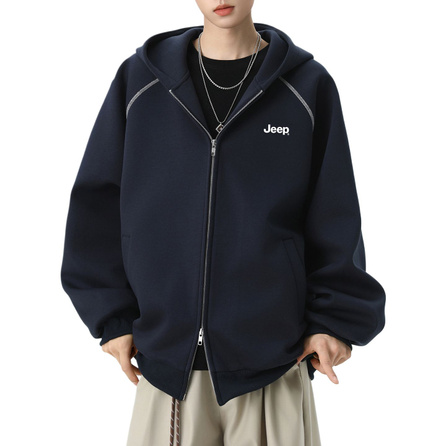 Jeep American Trendy Contrast Stitching Fashion Simple Comfortable Loose Couple Cardigan Coat Premium Solid Color Trendy Brand Casual Daily Versatile Hooded Sweatshirt Unisex