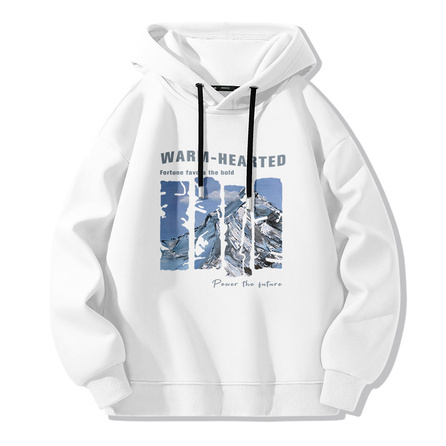MINISO Snow Mountain Landscape Pattern Pullover American Hoodie Retro Mountain Style Autumn Winter Fleece Lined Thick Warm Comfortable Long-Sleeve Jacket Loose Letter Silhouette Sport Casual Trendy Personality Versatile Sweatshirt Unisex