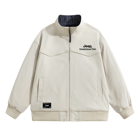 Jeep American Retro Letter Logo Print Woven Label Design Plaid Color-Block Stand Collar Solid Color Minimalist Basic Loose Comfortable Windproof Trendy Fashion High Street Commute Casual Outing Versatile Jacket Unisex