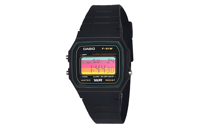 Custom Watch CASIO F-91W-3 Modified 'Phantom Color' Series Colorful Horizontal Stripe Dial Black Resin Case Classic Retro Quartz Movement Resin Strap Men's Black Dial