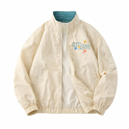 HUANQIU American Classic Retro Cleanfit Dopamine High-Appearance Brand Logo Letter Print Fresh Loose Comfortable Casual Couple Sports Breathable Versatile Pilot Urban Daily Stand-Collar Jacket Unisex