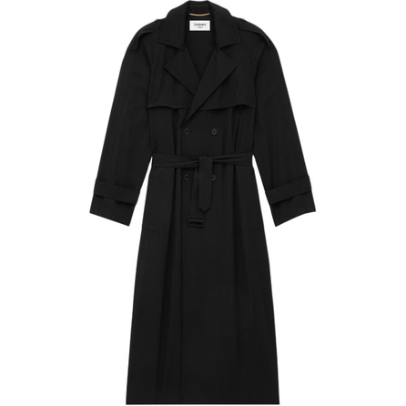 SAINT LAURENT Solid Color Double-Breasted Lapel Belted Back Slit Long Trench Coat Unisex Black