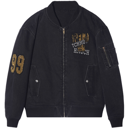 TCH FW23 Hot-Fix Rhinestone Distressed Vintage Casual Baseball Collar Jacket Unisex Black